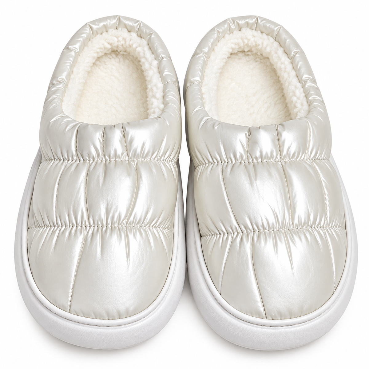 Cozy Metallic Puffer Slippers – Pearl White