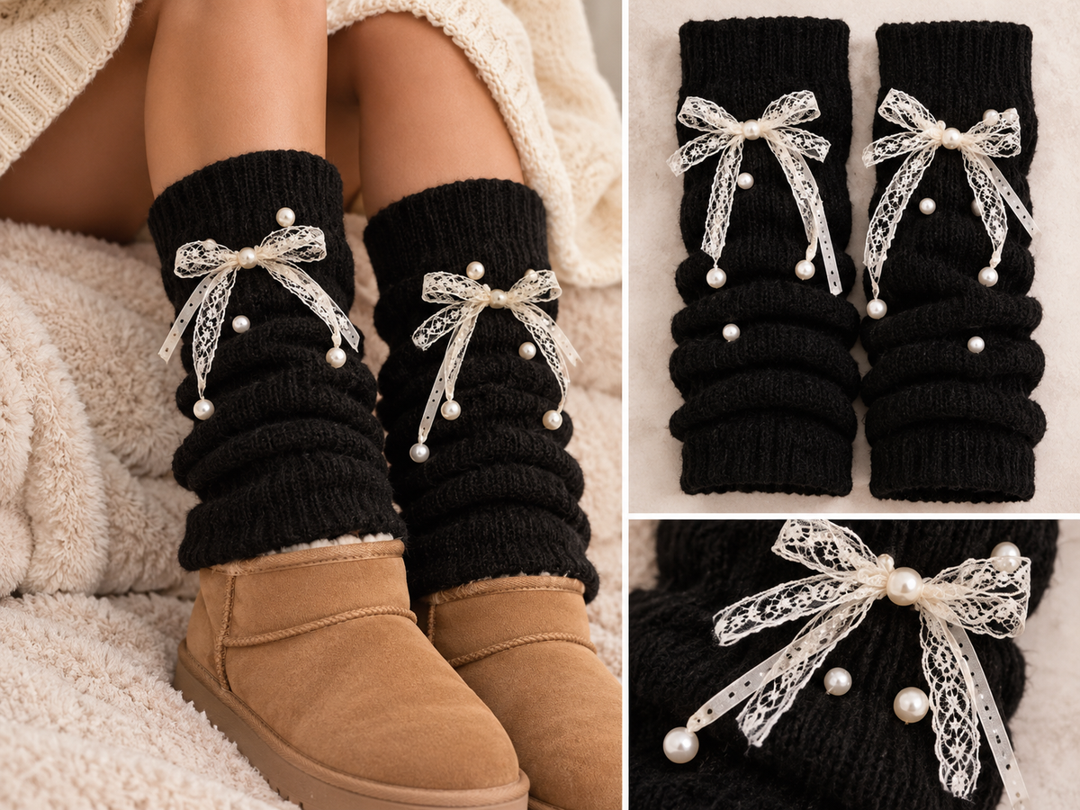 Pearl Bow Knitted Leg Warmers – Black