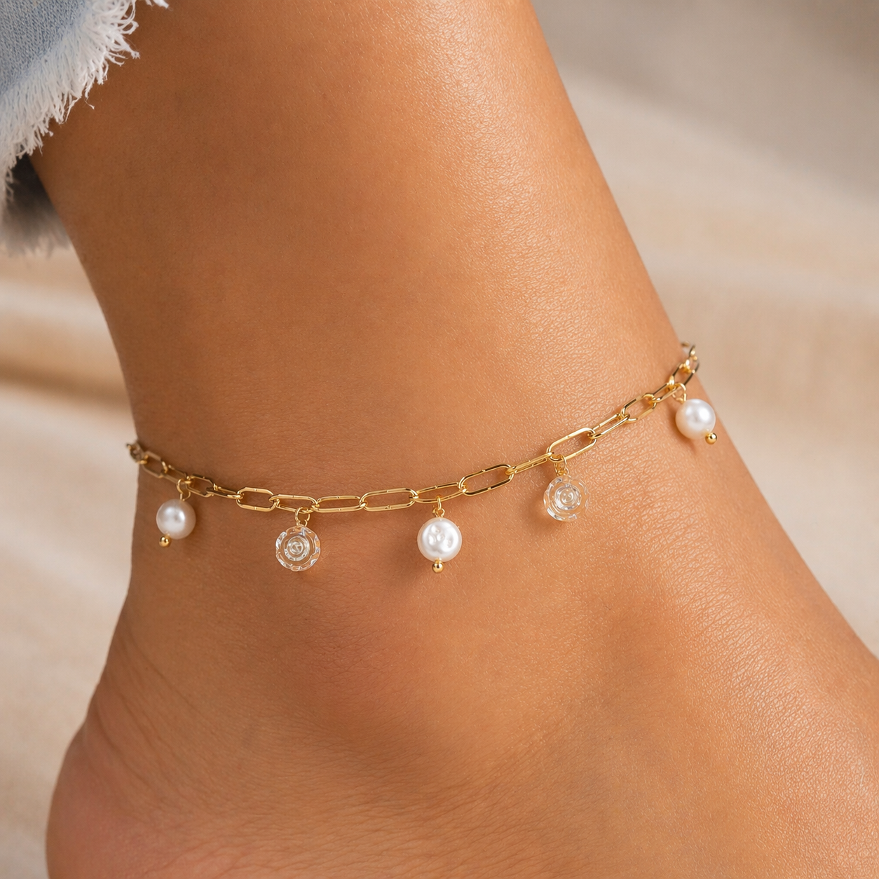 Pearl & Crystal Charm Gold Anklet