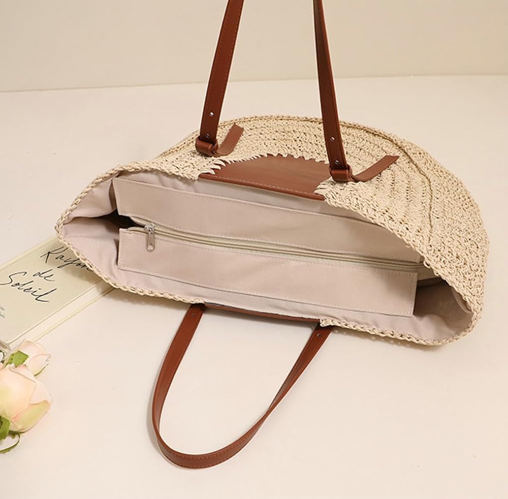 Oval Straw Tote with Faux Leather Inlay and Straps