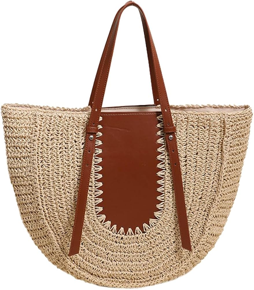 Oval Straw Tote with Faux Leather Inlay and Straps