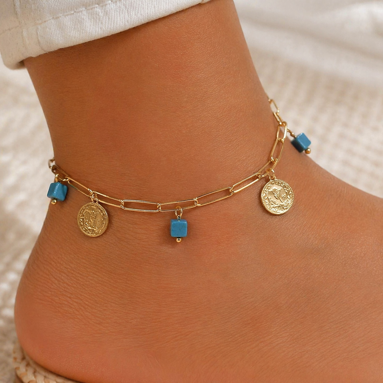 Turquoise Coin Charm Gold Anklet