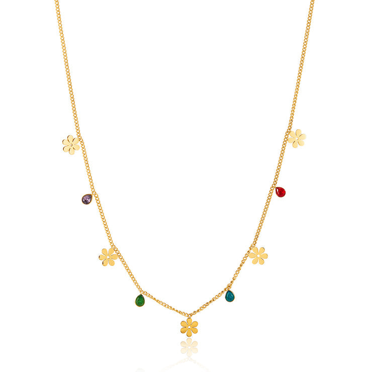 Women's Titanium Stainless Steel Flower and Gemstone Charm Necklace – Gold-Plated Chain – Hypoallergenic & Tarnish Resistant