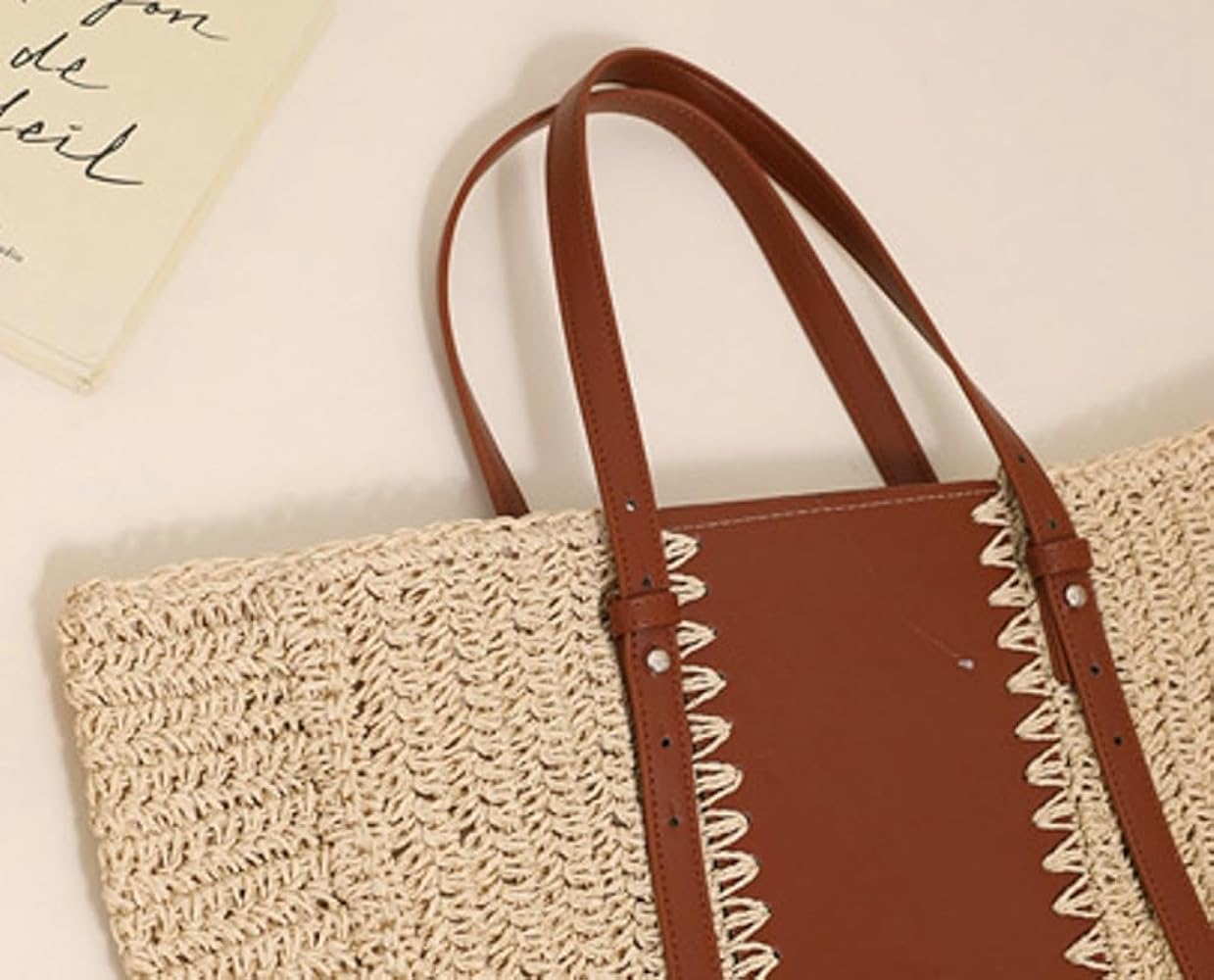 Oval Straw Tote with Faux Leather Inlay and Straps