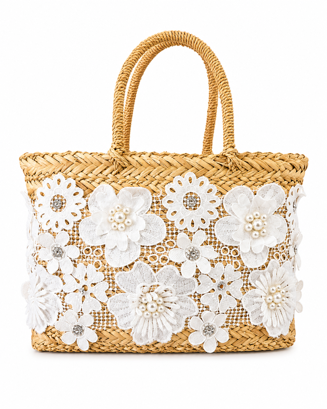 Pearl Blossom Woven Straw Tote Bag