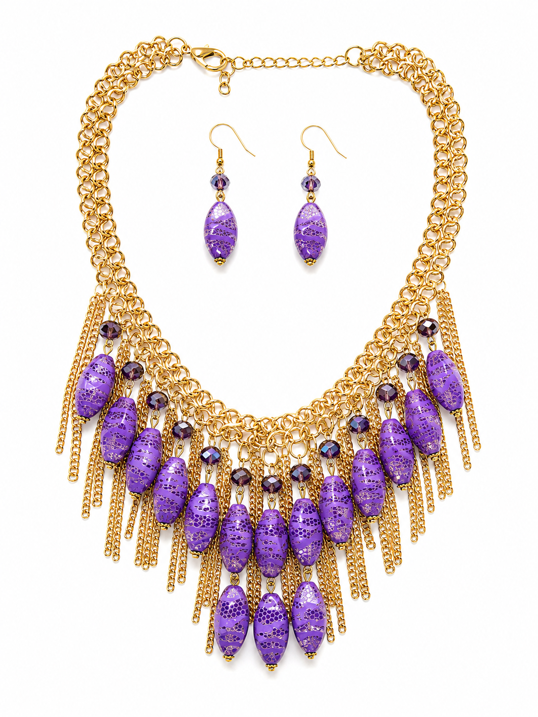 Royal Amethyst Fringe Statement Necklace Set