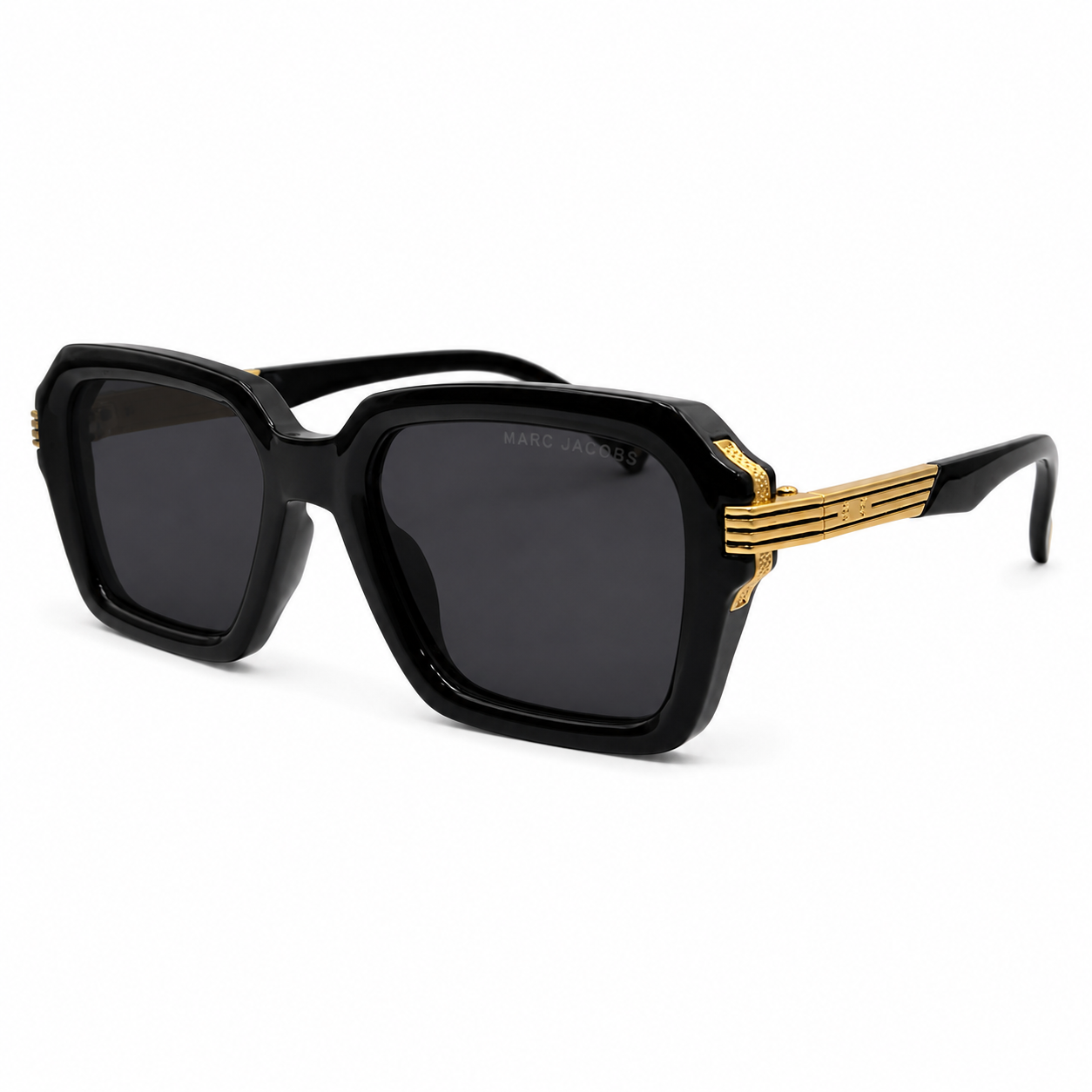 Glossy Black Oversized Square Sunglasses with Gold Accents