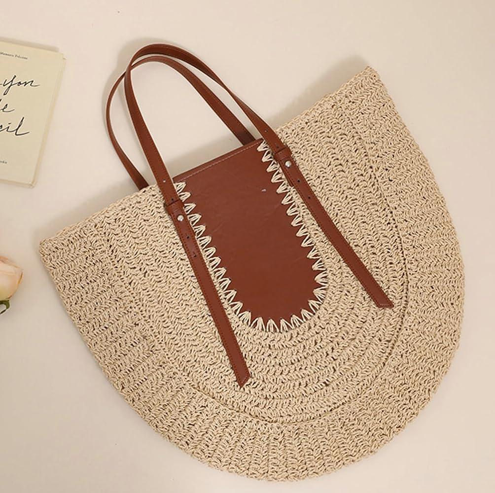 Oval Straw Tote with Faux Leather Inlay and Straps
