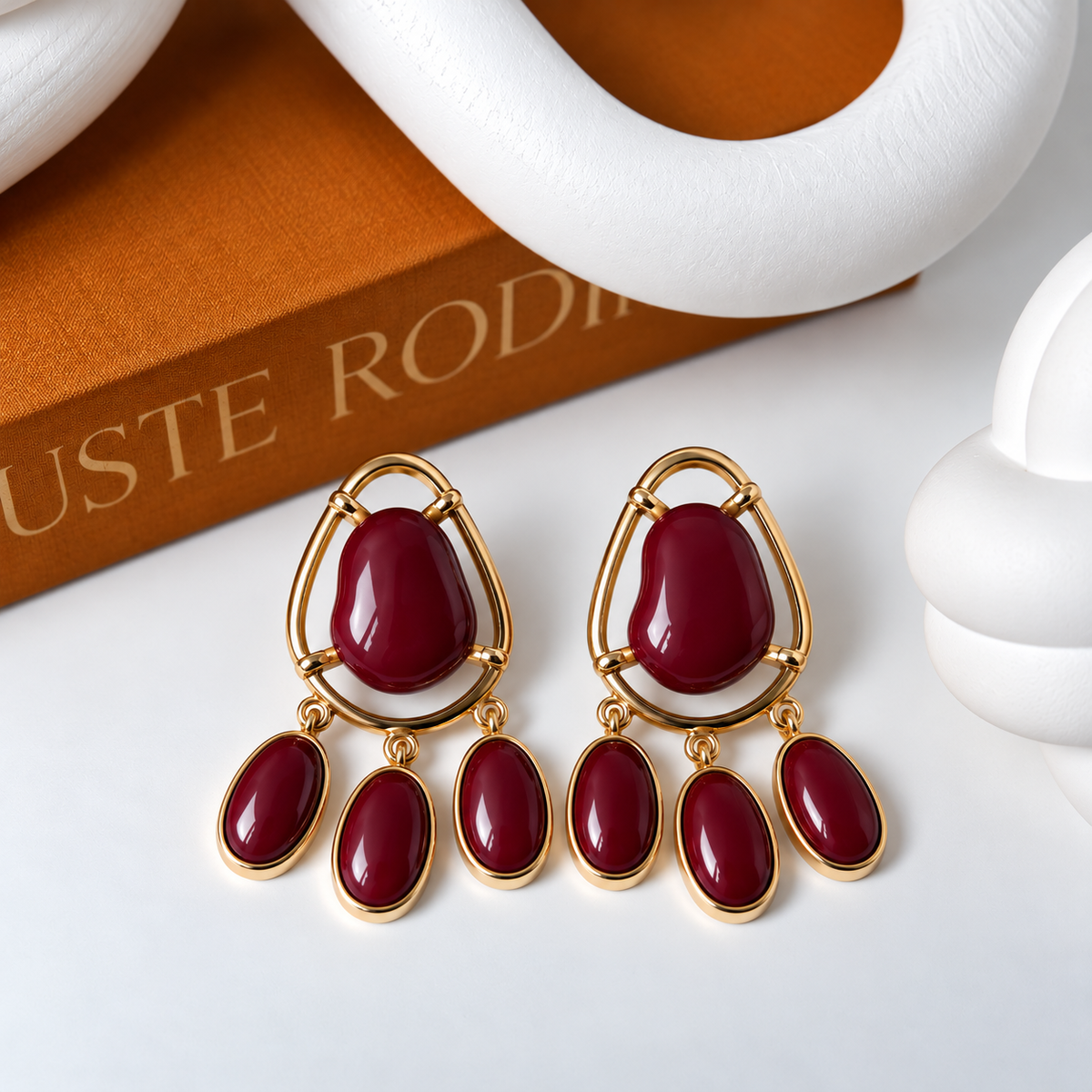 Burgundy & Gold Oval Chandelier Drop Earrings – 6 cm