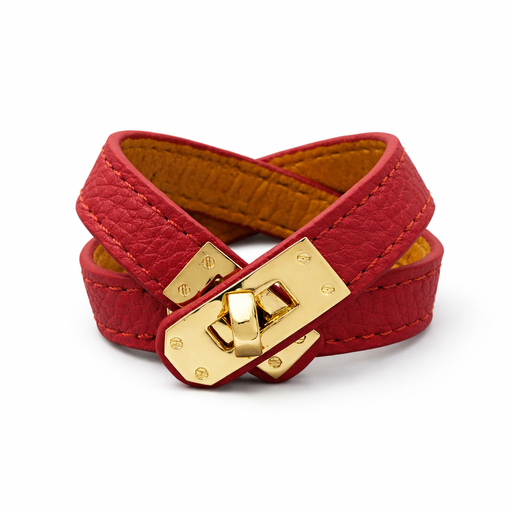 Luxe Double Wrap Leather Bracelet – Gold Lock Edition (Red)