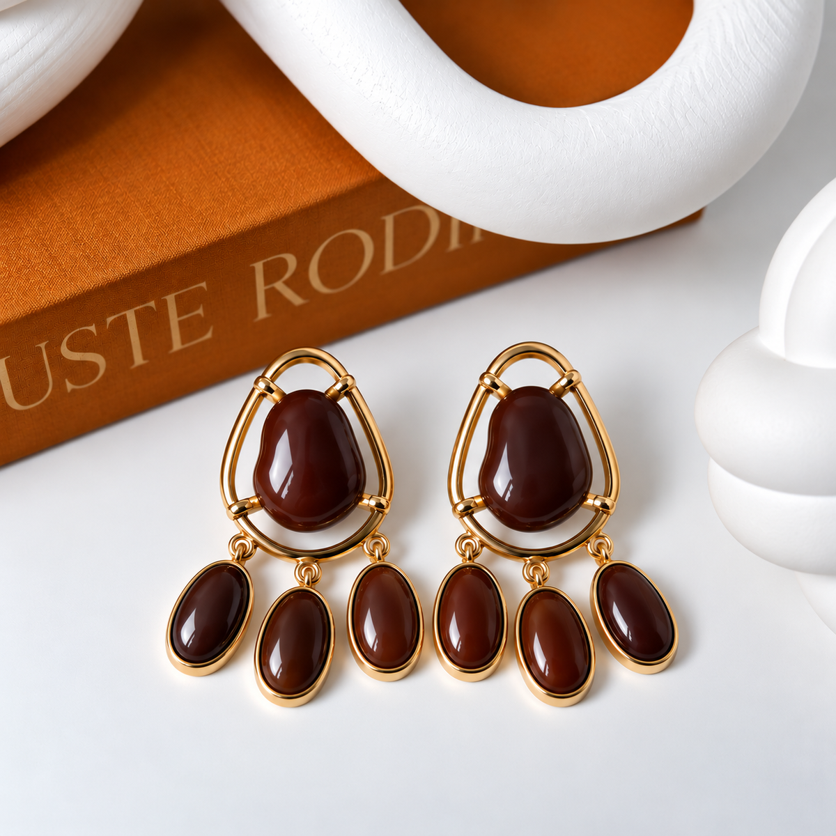 Chocolate Brown & Gold Oval Chandelier Drop Earrings – 6 cm