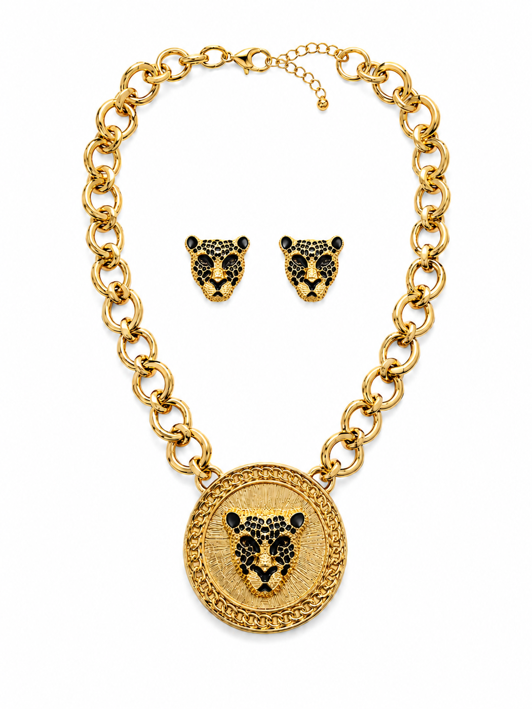 Antique Gold Leopard Medallion Statement Necklace Set