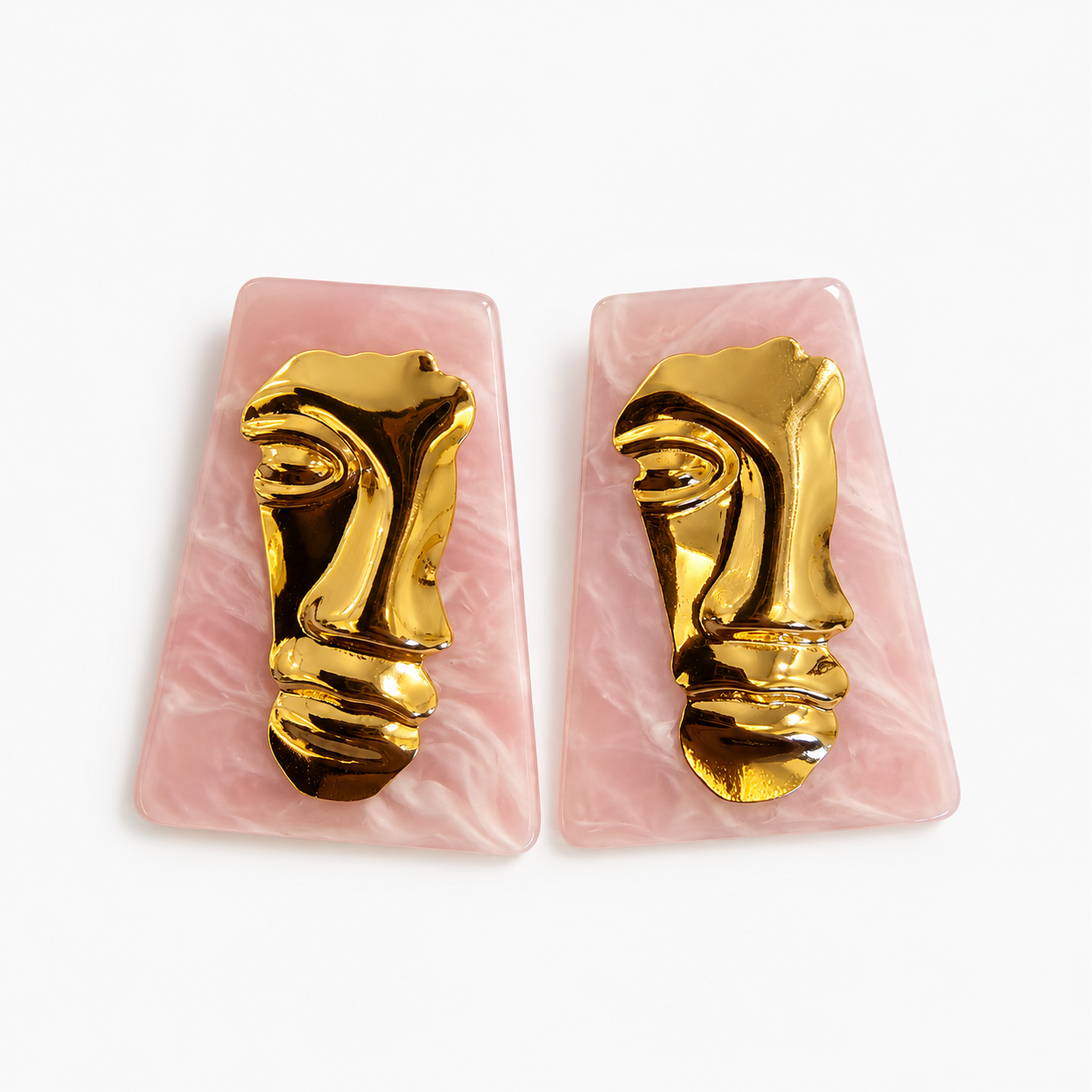 Abstract Face Statement Earrings – Blush Pink & Gold