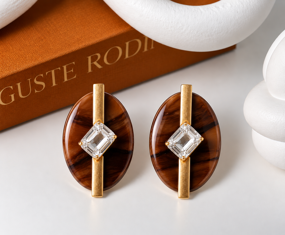Tortoiseshell Brown Oval Crystal Statement Earrings with Gold Bar – 6 cm × 4 cm
