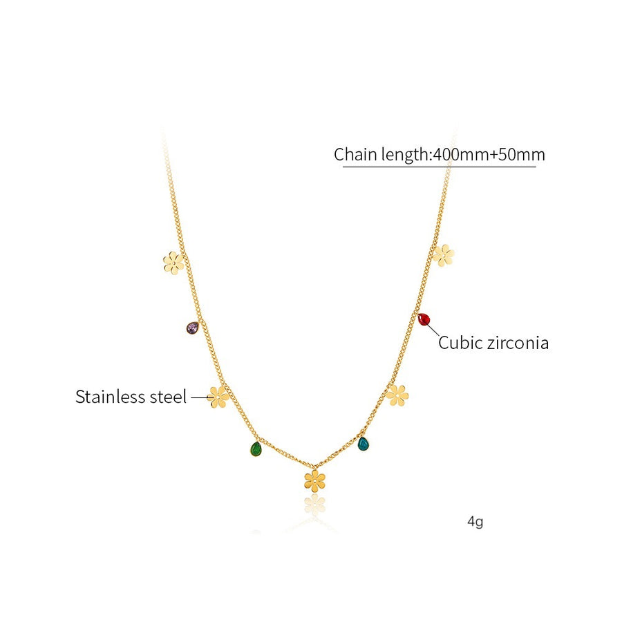 Women's Titanium Stainless Steel Flower and Gemstone Charm Necklace – Gold-Plated Chain – Hypoallergenic & Tarnish Resistant