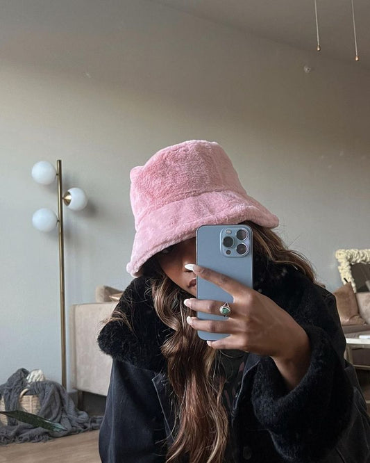 Pink Faux Fur Bucket Hat