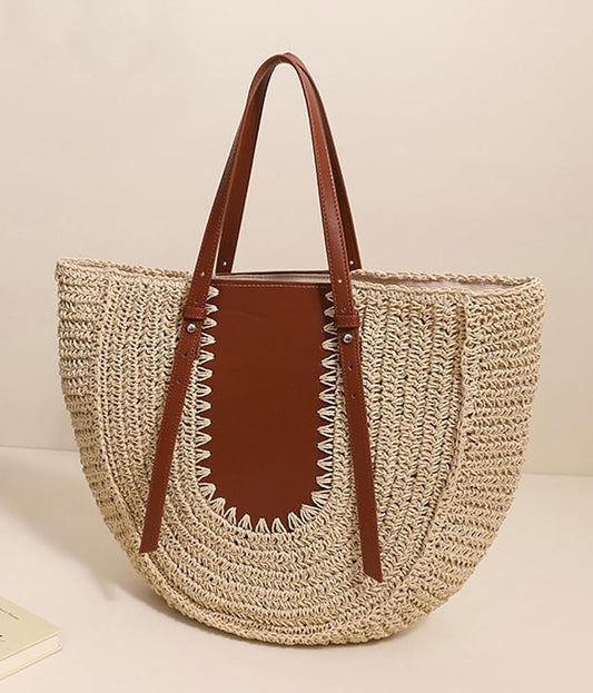 Oval Straw Tote with Faux Leather Inlay and Straps