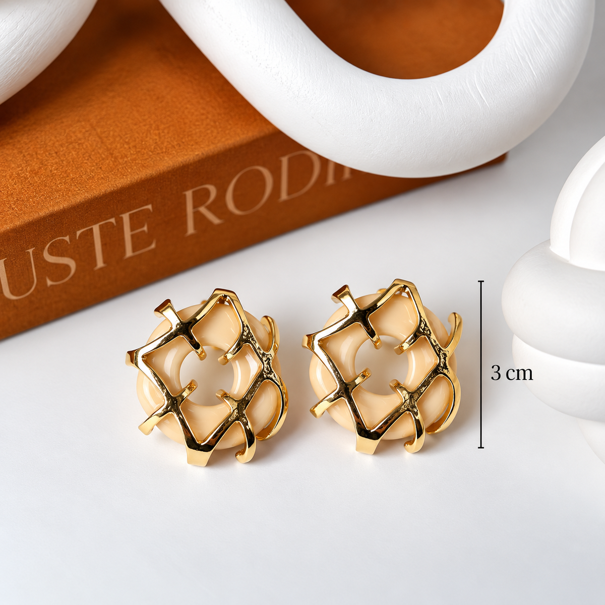 Ivory & Gold Sculptural Statement Stud Earrings