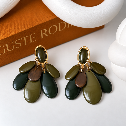 Olive Green & Gold Layered Teardrop Statement Earrings