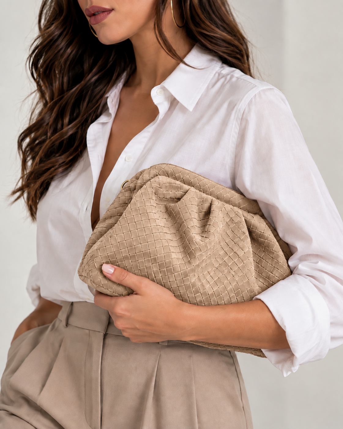 Woven Suede Shoulder Bag – Sand Beige