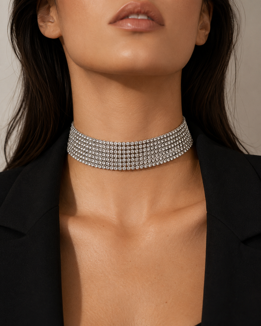 Lumière Crystal Choker – Silver (9 Rows)