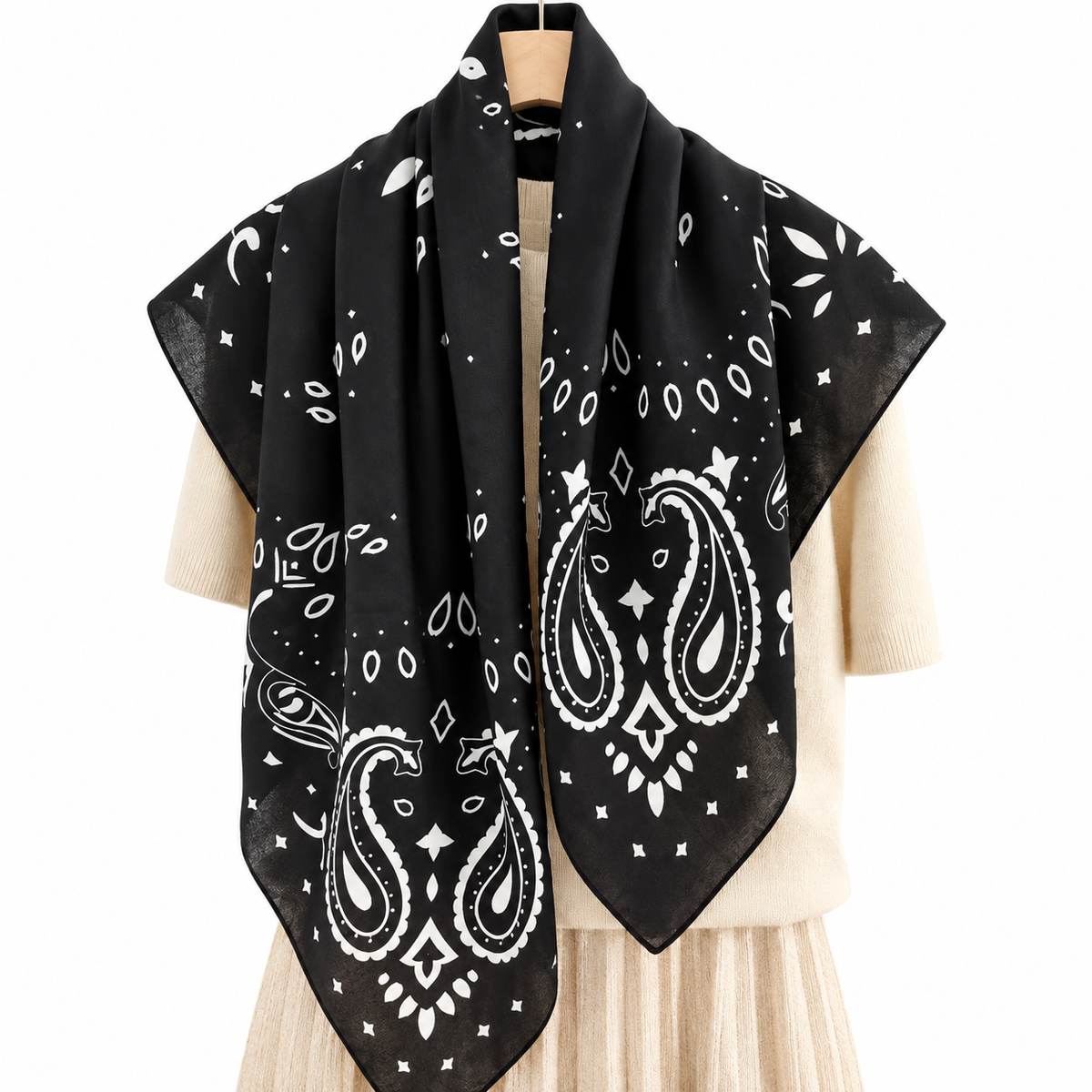 Black & White Paisley Print Square Scarf – 90 × 90