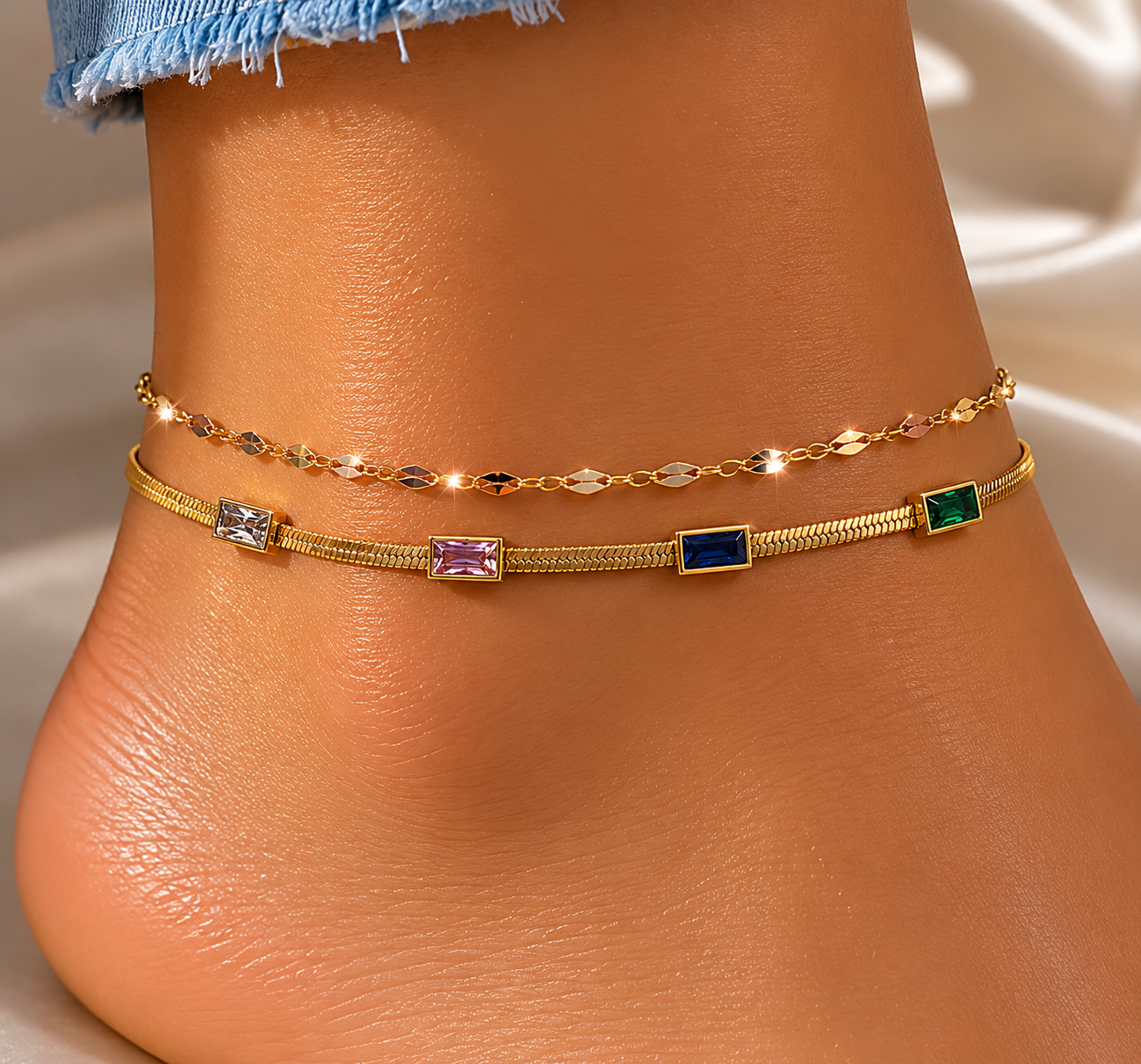 Luxe Multicolor Crystal Layered Anklet