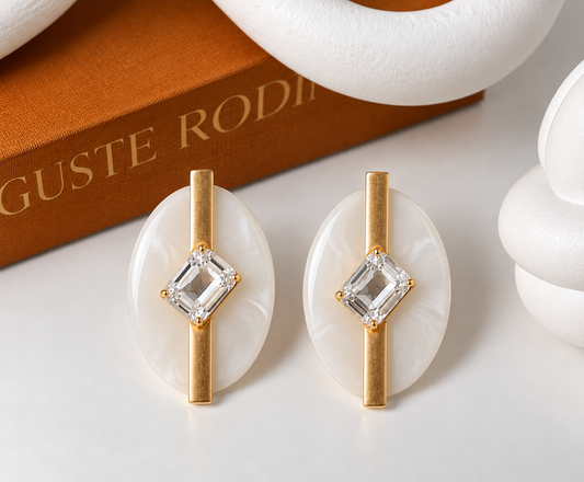 Ivory White Oval Crystal Statement Earrings with Gold Bar – 6 cm × 4 cm