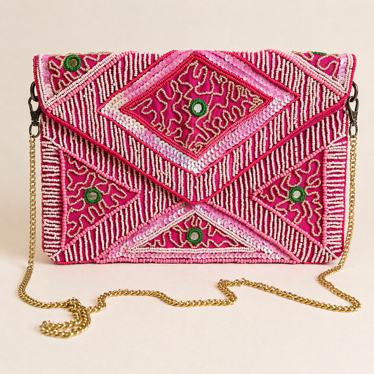 Pink Tribal Beaded Luxe Clutch & Crossbody (26 x 18 cm)