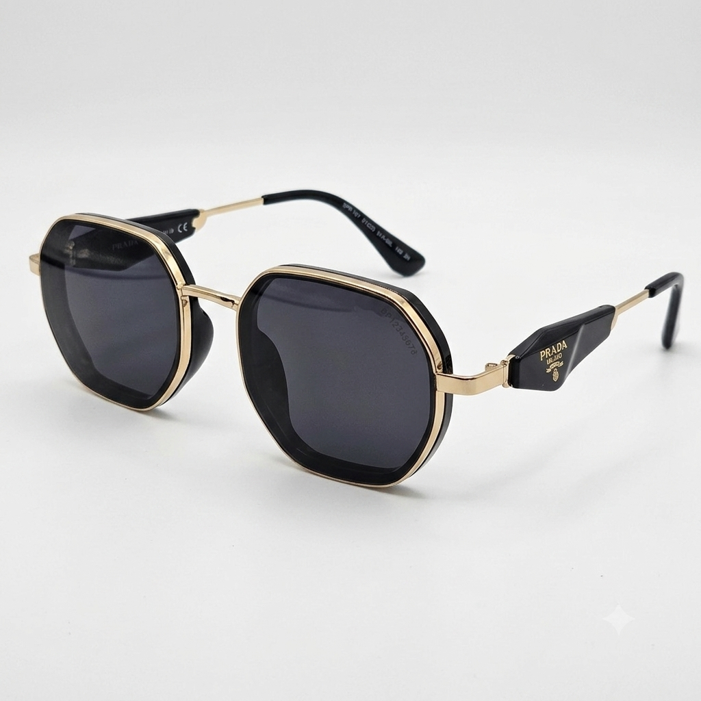 Geometric Sunglasses – Black & Gold Frames with Dark Grey Lenses