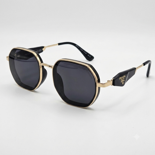 Geometric Sunglasses – Black & Gold Frames with Dark Grey Lenses
