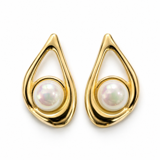 Golden Teardrop Pearl Statement Earrings