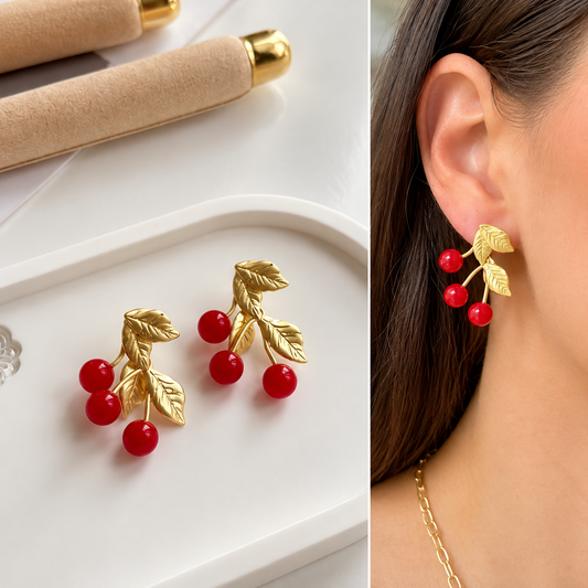 Red Cherry Gold Statement Earrings – Elegant Cherry Drop Earrings