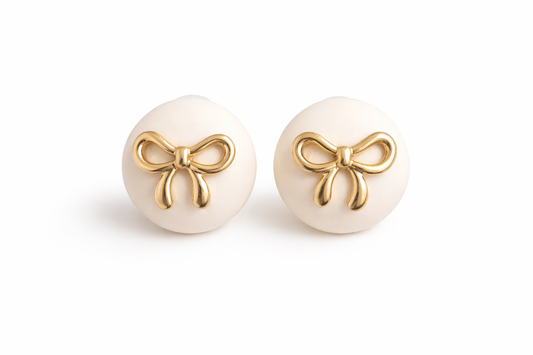 Golden Bow Pearl Stud Earrings