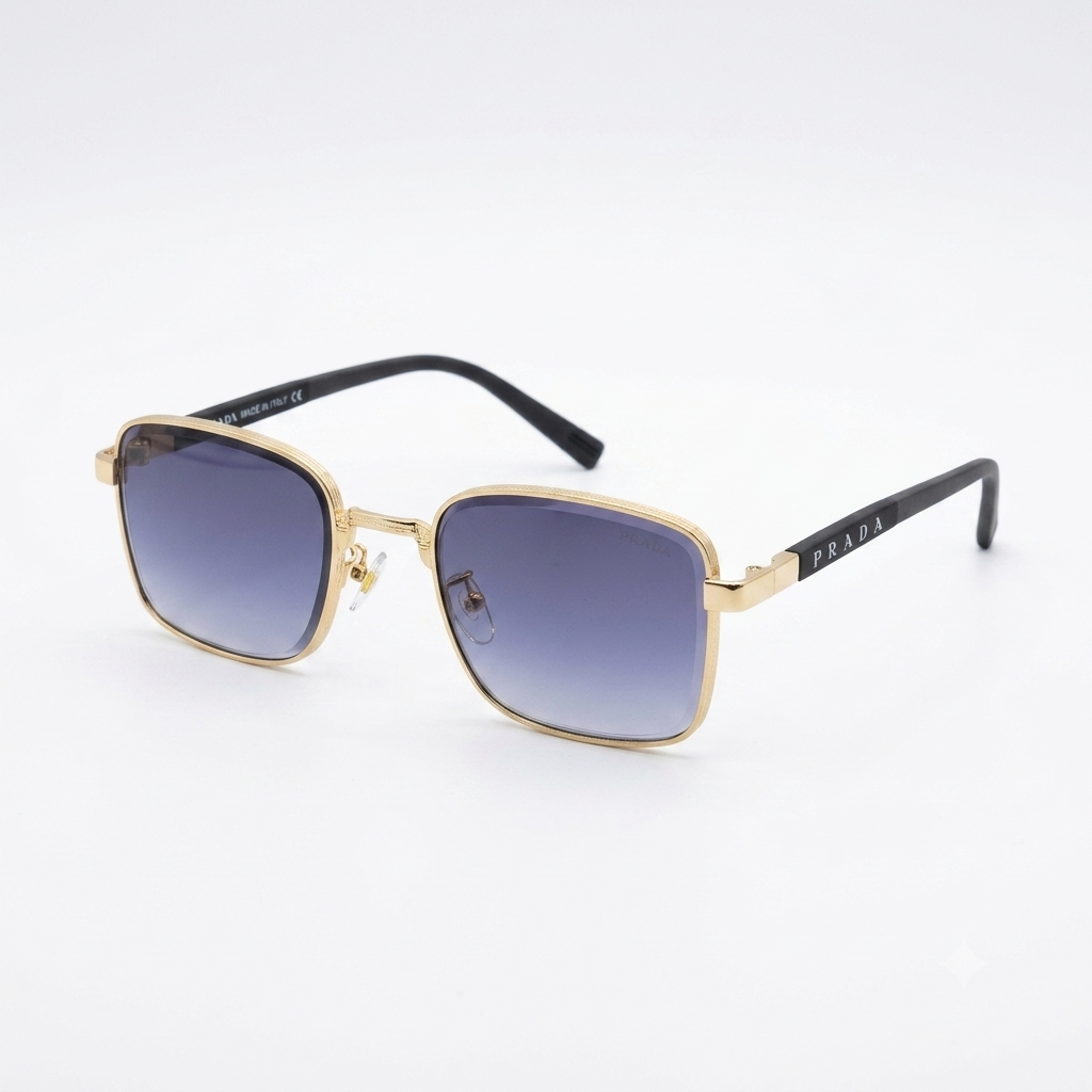 Gold-Frame Geometric Sunglasses with Blue Gradient Lenses