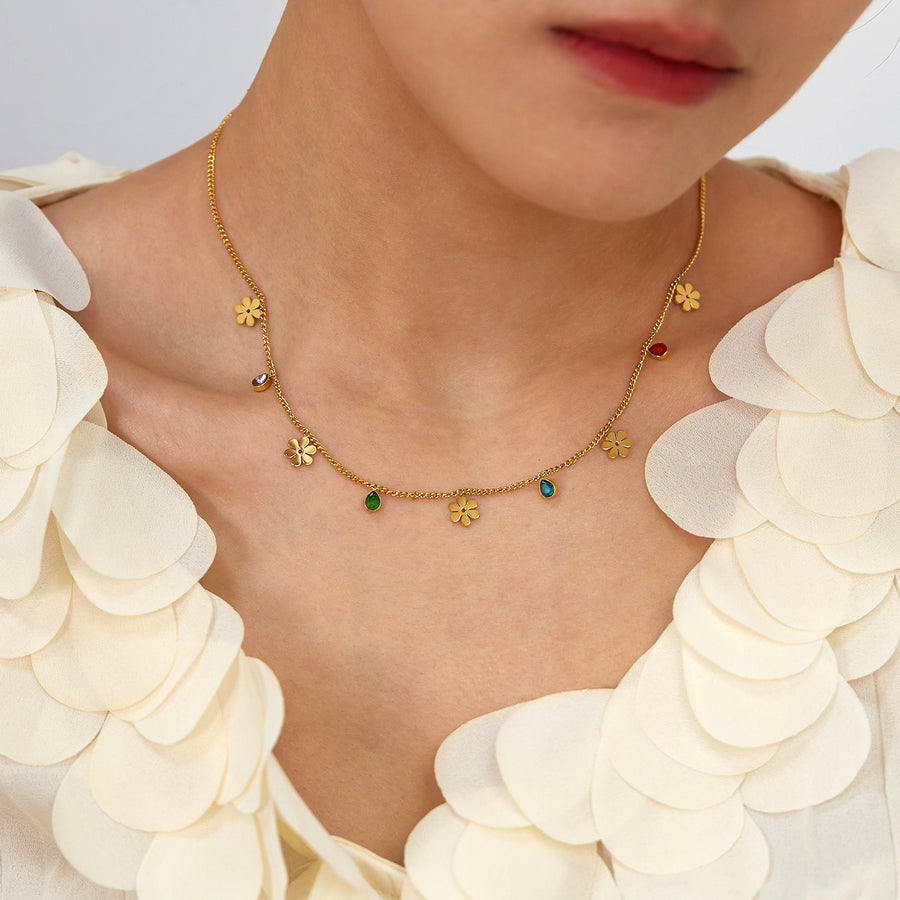 Women's Titanium Stainless Steel Flower and Gemstone Charm Necklace – Gold-Plated Chain – Hypoallergenic & Tarnish Resistant