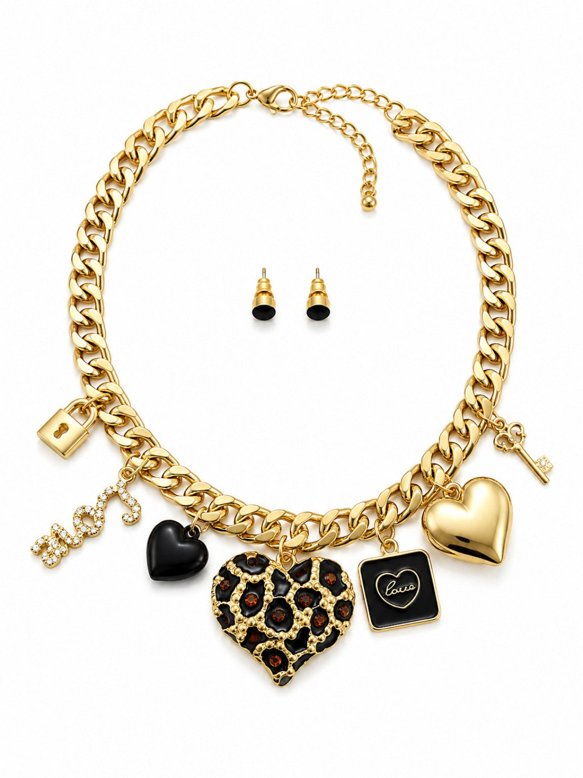Antique Gold Charm Heart Statement Necklace Set