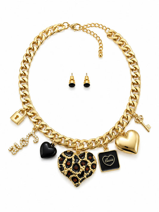 Antique Gold Charm Heart Statement Necklace Set