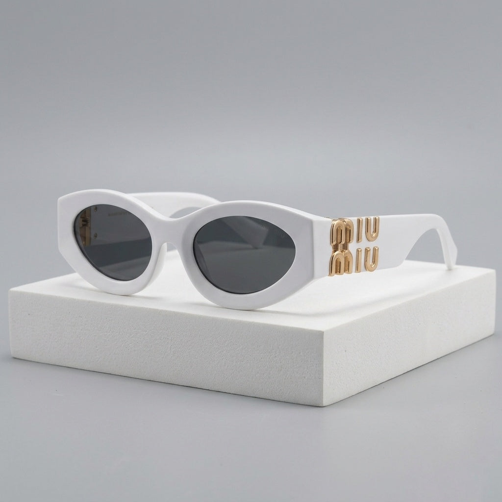 Bold White Oval Sunglasses with Chunky Gold Lettering Temples and Dark Tinted Lenses