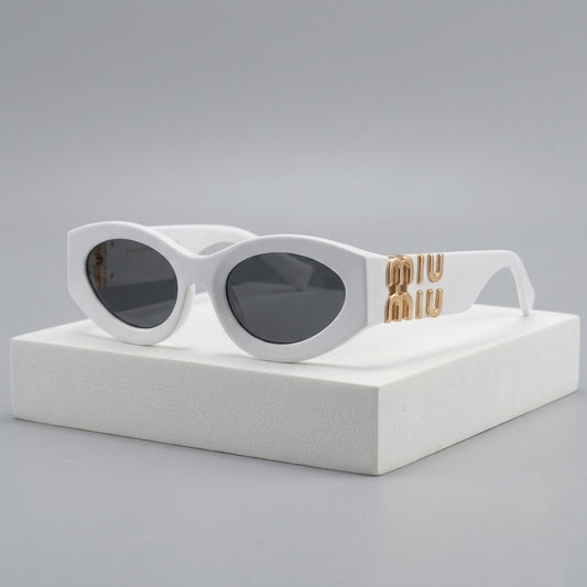 Bold White Oval Sunglasses with Chunky Gold Lettering Temples and Dark Tinted Lenses