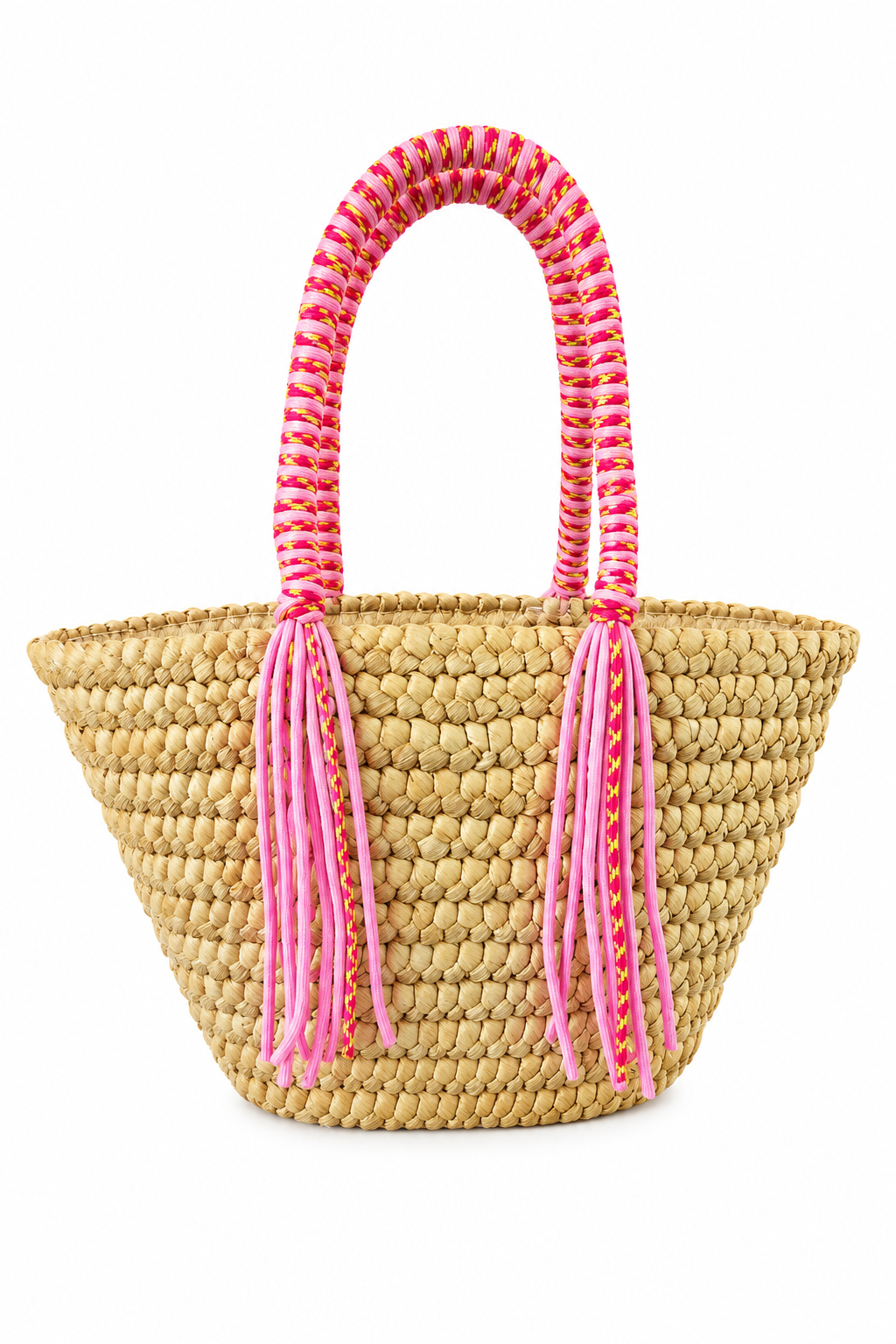 Pink Tassel Woven Straw Tote Bag