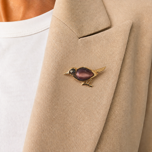 Brown Cat-Eye Bird Brooch