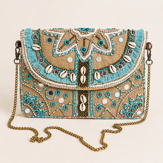 Turquoise Shell Boho Luxe Clutch & Crossbody(30 x 22 cm)