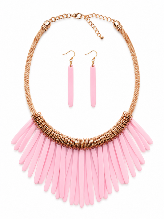 Antique Gold Blush Fringe Statement Necklace Set