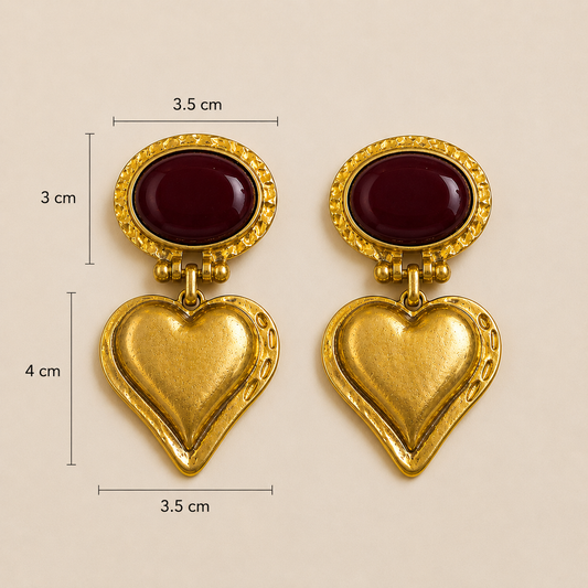 Dark Cherry Heart Drop Earrings – Vintage Gold Statement Earrings