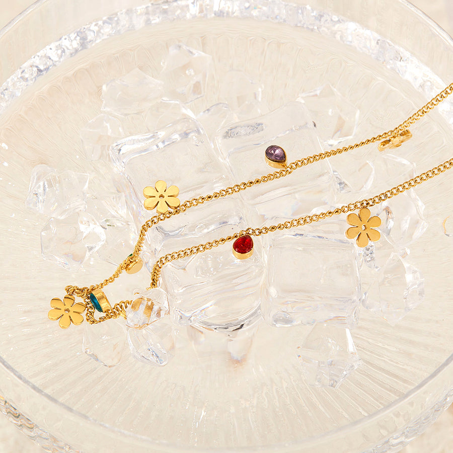 Women's Titanium Stainless Steel Flower and Gemstone Charm Necklace – Gold-Plated Chain – Hypoallergenic & Tarnish Resistant