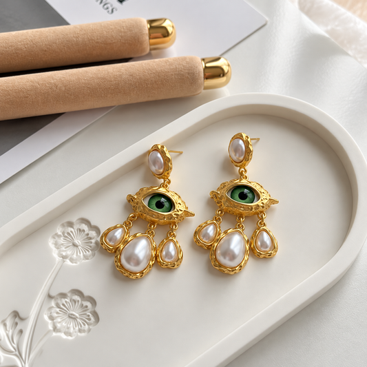 Green Evil Eye Pearl Drop Earrings – Gold Statement Earrings | 5 cm