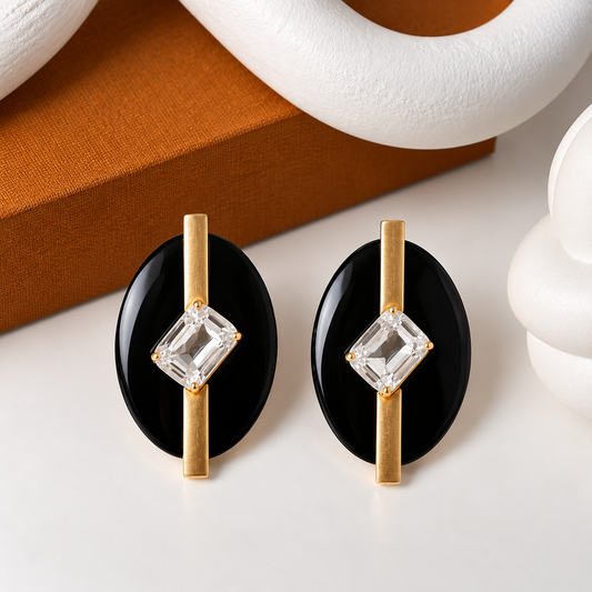 Black Oval Crystal Statement Earrings with Gold Bar – 6 cm × 4 cm