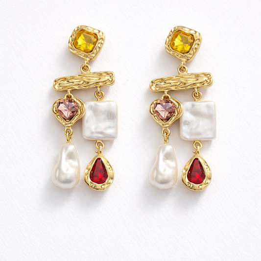 Luxe Multicolor Gem Pearl Drop Earrings