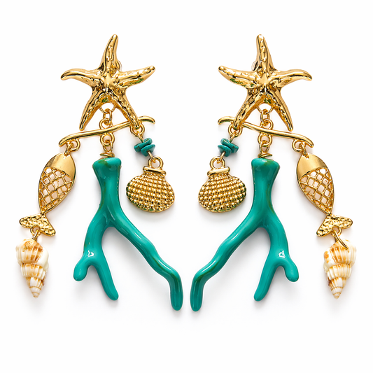 Ocean Treasure Charm Earrings Turquoise & Gold Statement